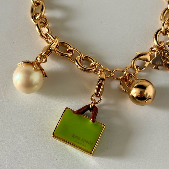 Kate Spade Gold Charm Bracelet with Green Purse and Pearl Charms - Picture 3 of 4